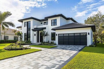 Modern Florida home, driveway, landscaping, sunny day, real estate