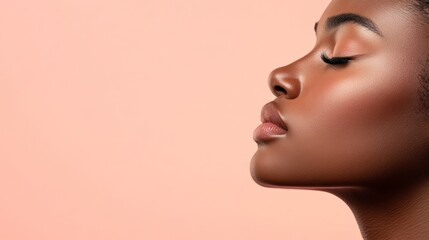 Profile of a beautiful young black woman with closed eyes and perfect skin, showcasing her lips and highlighting the potential benefits of cosmetology and lip augmentation procedures