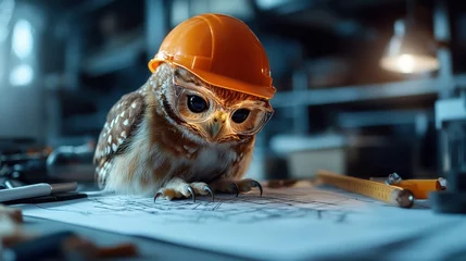 Fototapete An inquisitive owl sporting glasses addresses intricate blueprints, signifying the profound engagement in design elements, embodying a perfect blend of creativity and focus. © DKPhoto