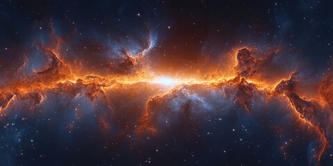 Fototapeta premium Vibrant Cosmic Nebula with Ethereal Light Beams and Swirling Gas Clouds in a Surreal Panoramic Scene of the Universe
