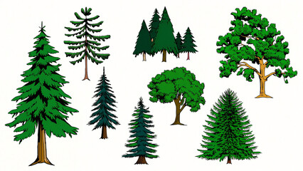 Set of pine trees. Isolated on white background. Vector illustration.