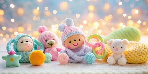Obraz premium Adorable Newborn Baby Toys Flat Lay, Soft Bokeh Background, White Studio Shot