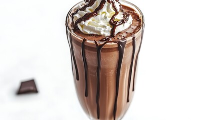 Obraz premium A chocolate milkshake in a tall glass, topped with whipped cream and chocolate drizzle, on a bright white background