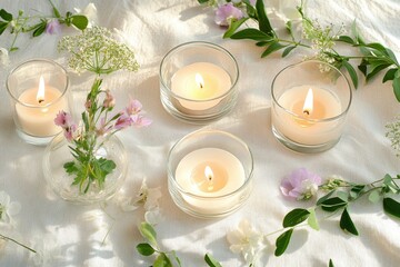 An elegant display of tea light candles in glass holders, arranged with pastel-colored flowers and greenery on a soft linen tablecloth.