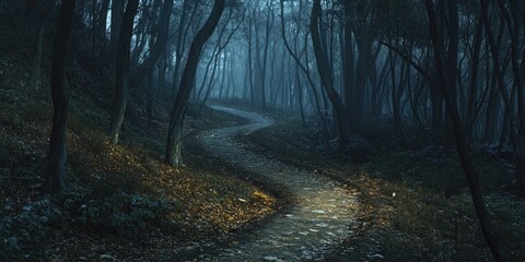 A winding forest path leading to a mysterious destination under the dim light of twilight.