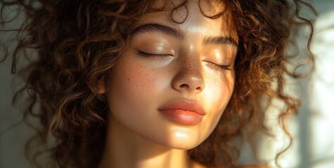 Fototapeta premium Beautiful smiling woman with curly hair in modern fashion style with natural lighting and soft focus portrait
