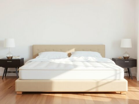 Contemporary bedroom featuring a box spring bed with crisp white linens, soft lighting, white bedding