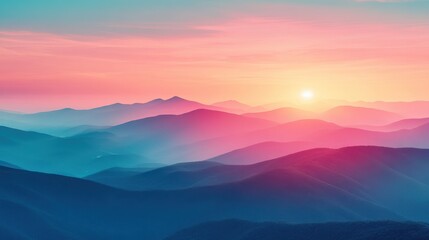 Pink sunrise over layered mountains. Peaceful landscape for travel brochures