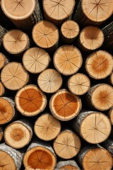 Fototapeta premium a close up of a pile of cut logs with a person standing in front of them