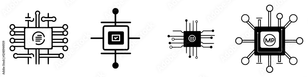 Poster designs of microchip icons representing technology and digital innovation with various symbols and p