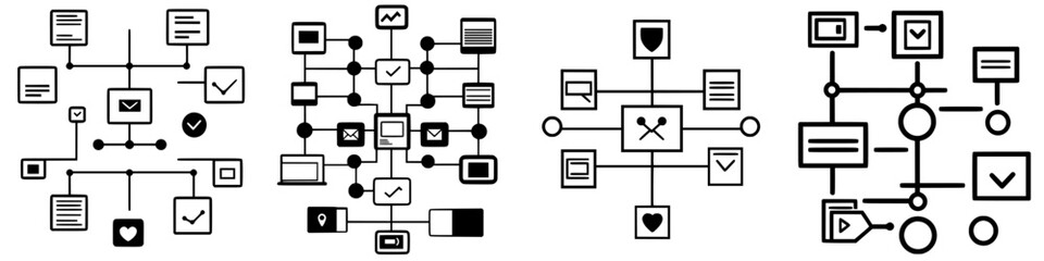 Conceptual illustrations of network connections with various informational elements in black and white design