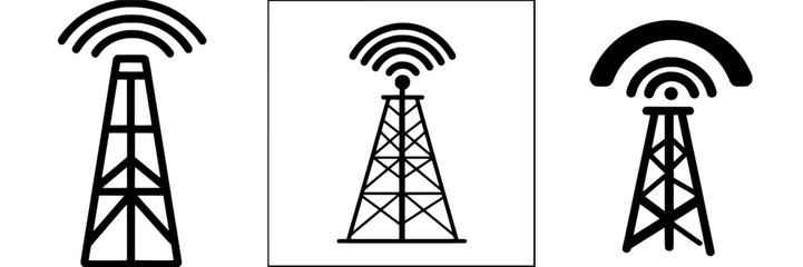 Different designs of communication towers showcasing radio signal waves emitted from their antennas in a creative layout concept
