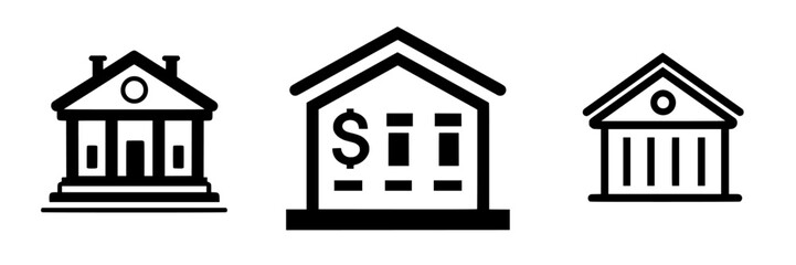 Banking symbols illustrating various financial institutions in a minimalistic style on a light background