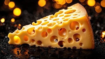 Aged cheese wedge on dark surface with warm bokeh background