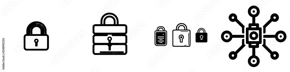 Poster digital security icons representing various aspects of encryption and data protection in a modern te