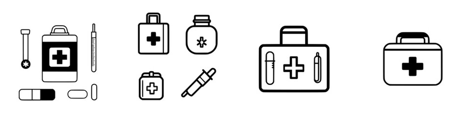 Collection of medical symbols and icons representing first aid kits, medications, and healthcare tools