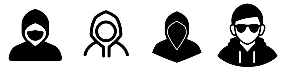 Stylized silhouettes of individuals wearing hooded attire and sunglasses showcasing diverse expressions and identities