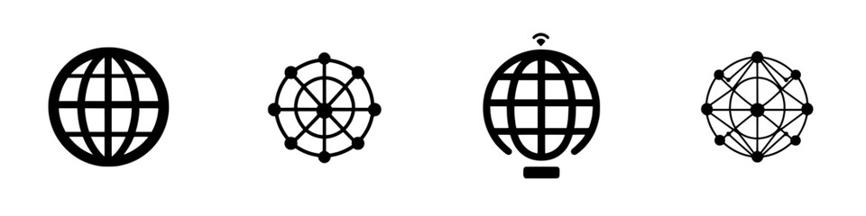 Collection of four globe icons with various designs showcasing global connectivity and communication concepts