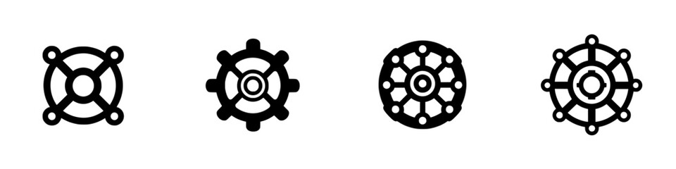 Obraz premium Various nautical symbols depicting ship wheels and steering mechanisms in black and white on a plain background