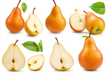 Red-yellow pears, sliced, isolated, white background, food photography