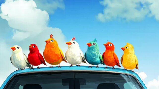 Colorful cartoon birds perching side by side on vehicle rooftop, blue sky with fluffy clouds, animated illustration style