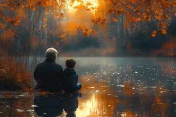 Grandfather and Grandson Bonding by a Lake Watching the Sunset in Warm Golden Hour Light