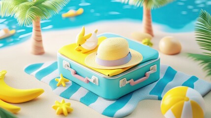 Tropical beach vacation suitcase packing, sunny day