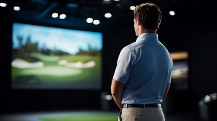 A golfer standing watching a projection screen of a golf course inside of a black room