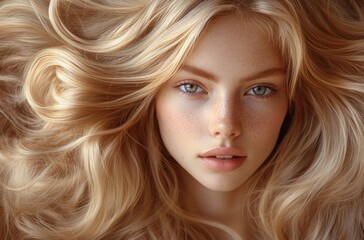 Naklejka premium Elegant Portrait of Wavy Curly Red Hair Beautiful Model Smiling Fashion Beauty and Makeup Care Treatment Spa