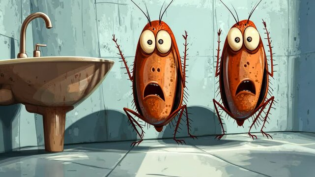 Cartoon cockroaches experiencing dramatic emotional reactions near bathroom sink, revealing exaggerated animated character interactions
