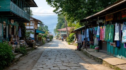 Fototapeta premium Scenic cobblestone street in a vibrant market village with colorful fabrics and local shops amid green trees