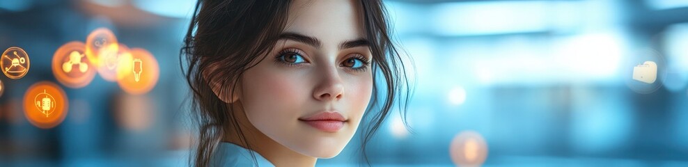 Female Doctor in Futuristic Hospital Environment with Stethoscope and Medical Icons Representing Health Care Science and Patient Care Awareness