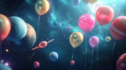 A birthday celebration in space with glowing stars, planets, and UFOs, as colorful balloons float in zero gravity, creating a festive cosmic scene.