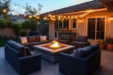Elegant outdoor living room with patio furniture, fire pit, and string lights for cozy evenings.