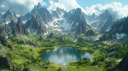Fototapeta premium Alpine lake nestled in a mountain valley, scenic view