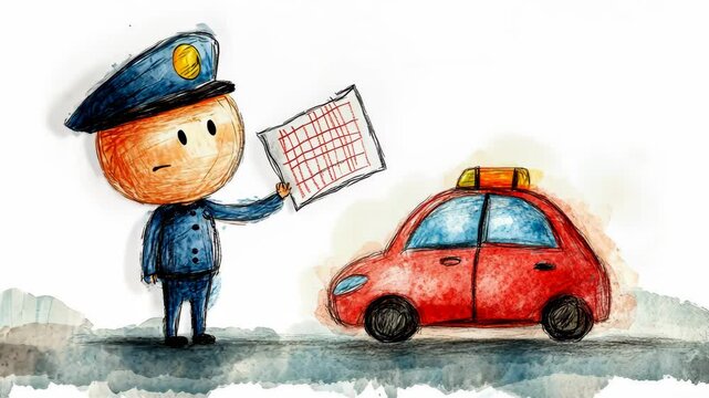 Cartoon police officer writing traffic citation beside red vehicle, highlighting transportation rules against clean white backdrop