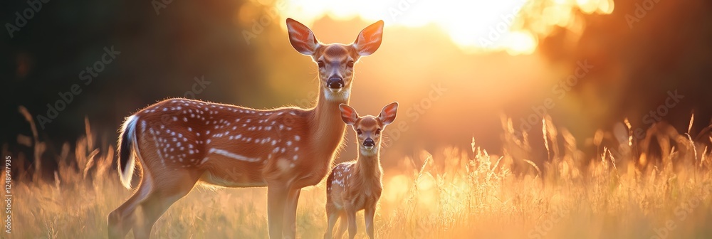 Aufkleber mother deer and her fawn are standing in tall grass, illuminated by the warm glow of the setting sun
