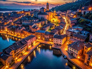 Fototapeta premium Aerial Night View of Italian Cityscape, Illuminated Buildings, Romantic Urban Scene