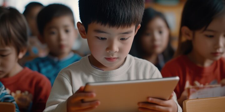 Young children in a classroom environment focusing on tablets. Education and digital technology are highlighted.