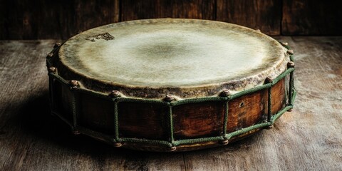 Obraz premium A hand drum with a wood frame and green woven texture across the top, sitting on a wooden table. Traditional musical instrument used for various percussive styles.
