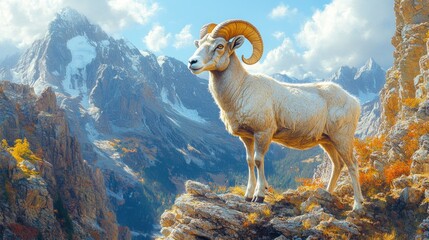 Majestic Bighorn Sheep Ram on Rocky Cliff in Mountain Landscape