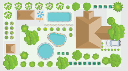 Design plan with house, courtyard, lawn and garage top view. Highly detailed plan of country with modern cottage, garden, pond, pool. © senja