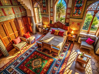 Fototapeta premium Aerial View: Moroccan Style Bedroom, Wooden Furniture, Traditional Decor