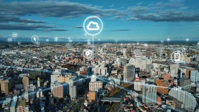 現代都市の空撮と通信ネットワーク