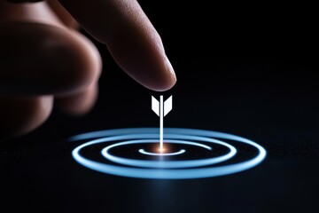 A finger targeting a glowing arrow in concentric circles, representing focus and precision in technology.