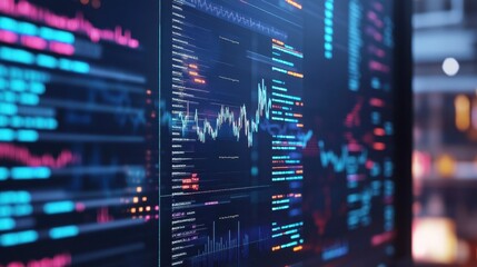 Obraz premium Digital screens display vibrant graphs and data visualizations, showcasing financial trends and analytics in a high tech environment, emphasizing the importance of data science in modern industries