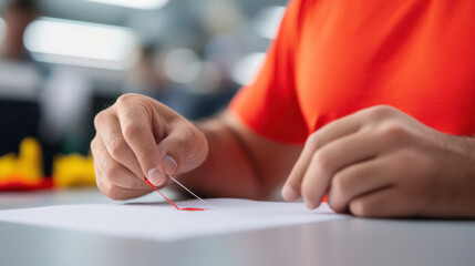 Sewing red thread onto paper, person focuses on their craft with precision and care. vibrant color contrasts with neutral background, highlighting art of sewing