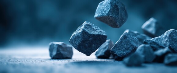 Falling rocks on dark ground, blurred background, concept image