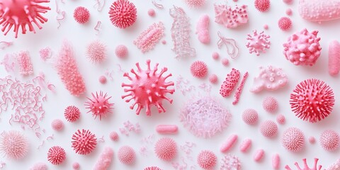 Pink virus models on white background; medical illustration