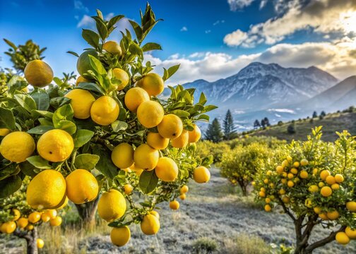 Aerial View: Yellow Lemons on Winter Fruit Tree, Piketberg Plateau, Western Cape, South Africa